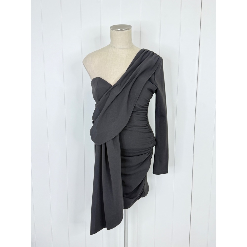 Lea & Viola Black One Shoulder Draped Ruched Dress NWT Women Size Small Bodycon